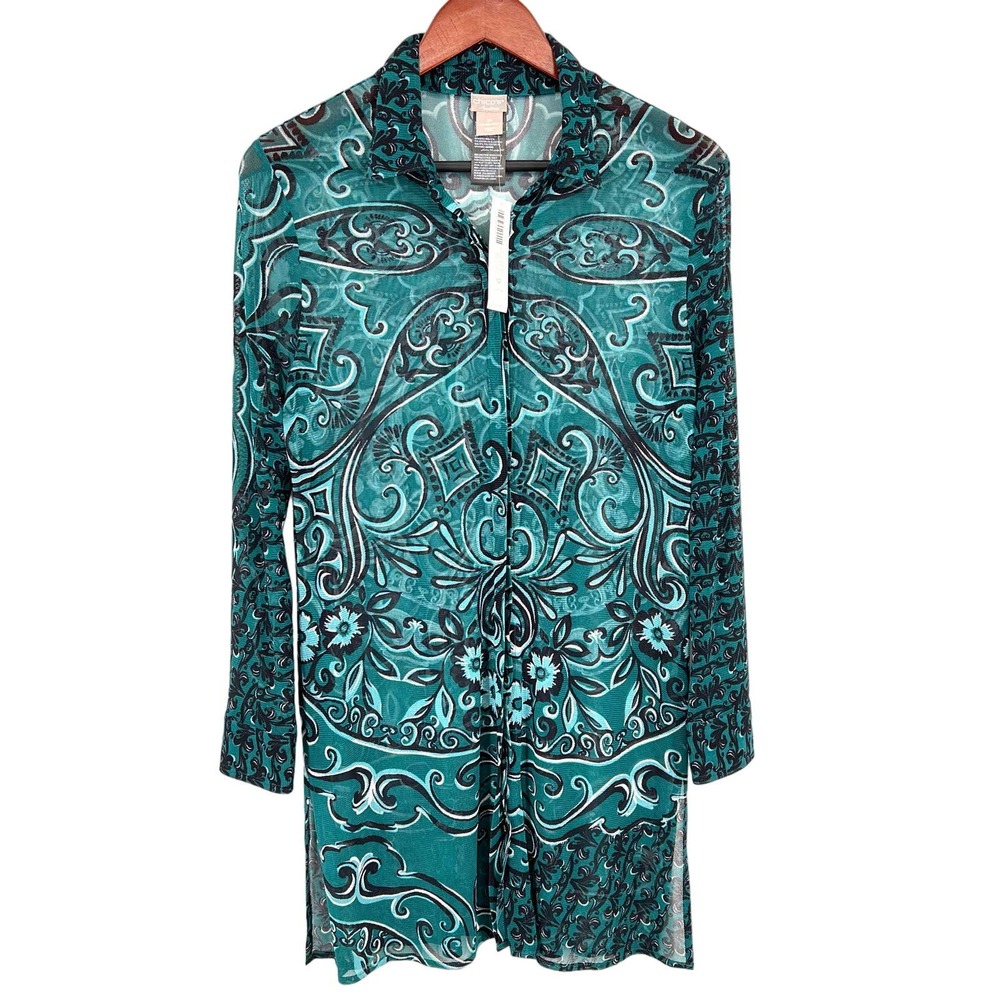 NEW MSRP $109 Chico's Green Paisley Long Sleeve Long Line Blouse Shirt Top
